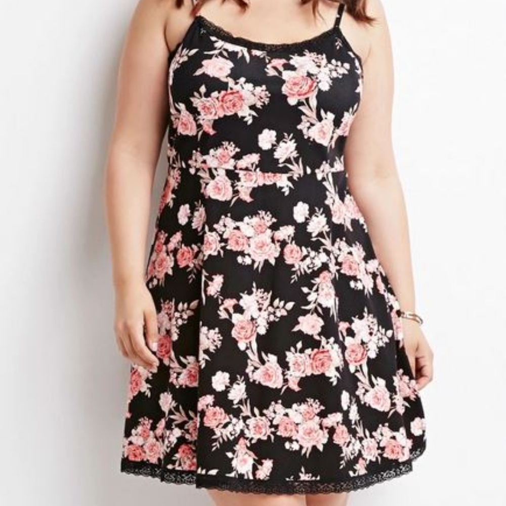 Black/Pink Plus Size Rose Print Babydoll Dress